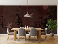 Chinoiserie Nightfall med svævende traner vægmaleri