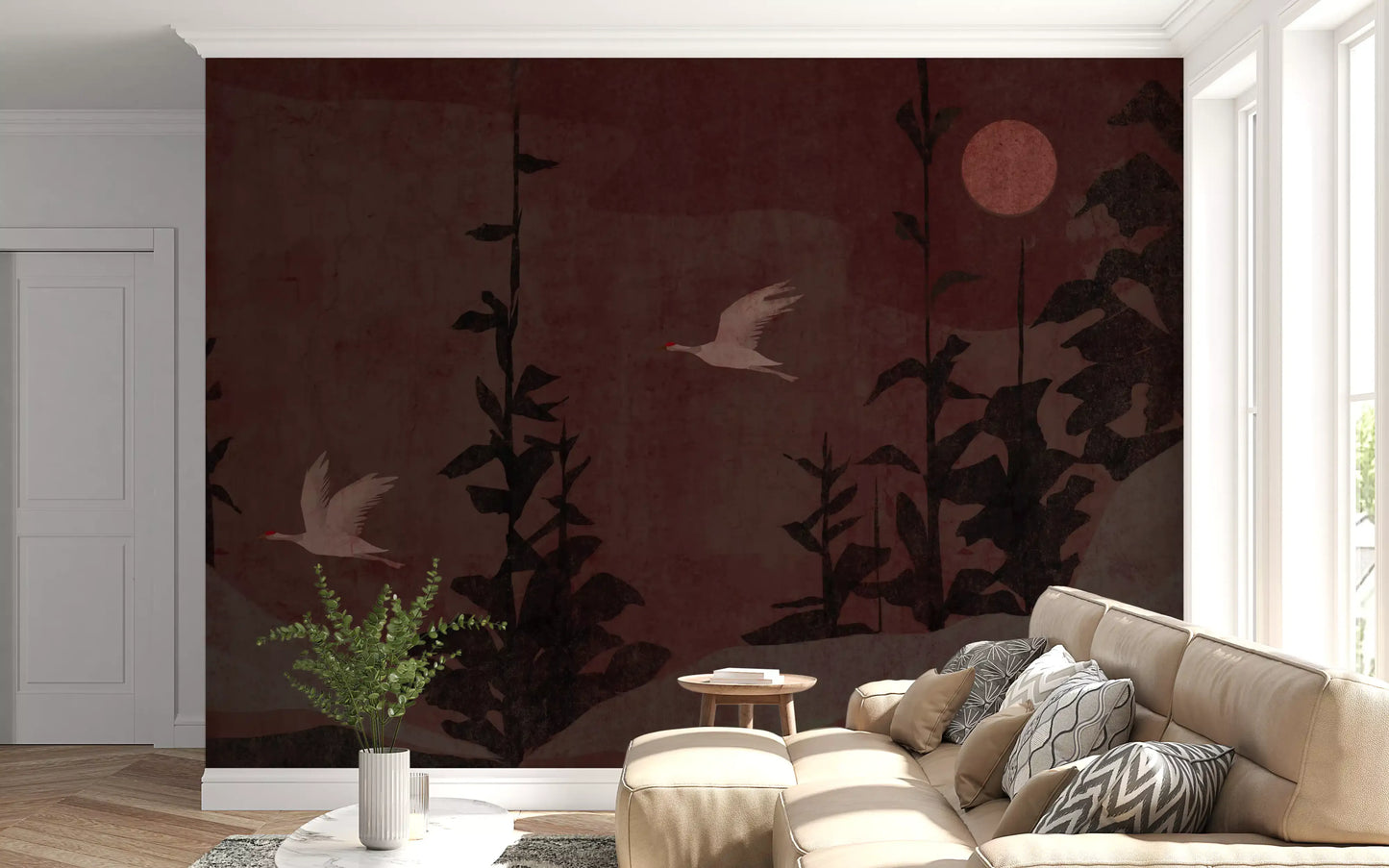 Chinoiserie Nightfall med svævende traner vægmaleri
