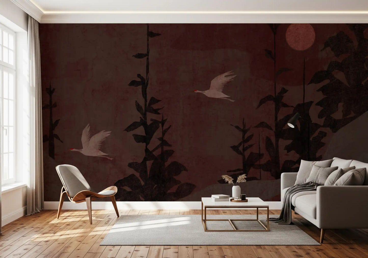 Chinoiserie Nightfall med svævende traner vægmaleri