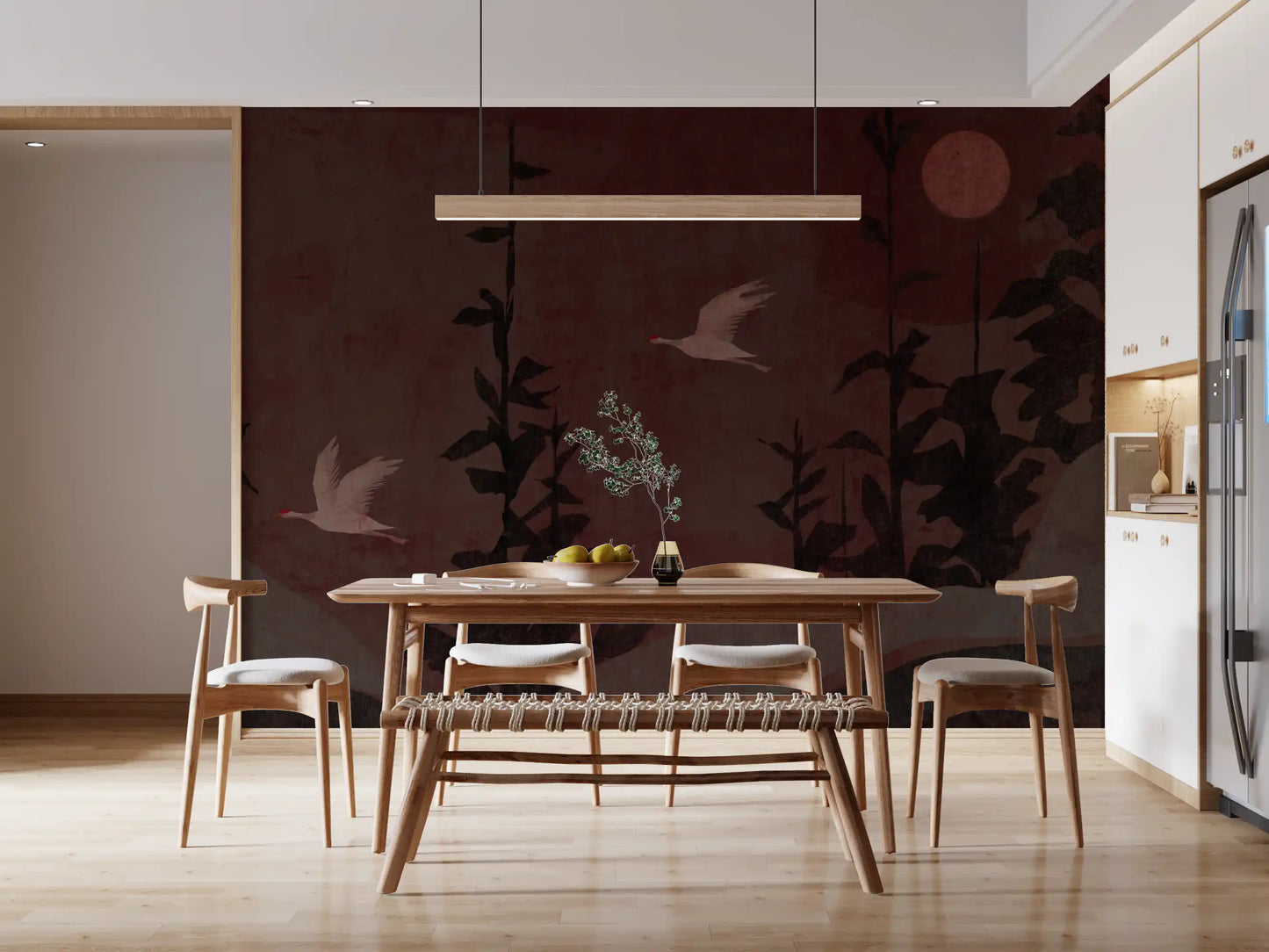 Chinoiserie Nightfall med svævende traner vægmaleri
