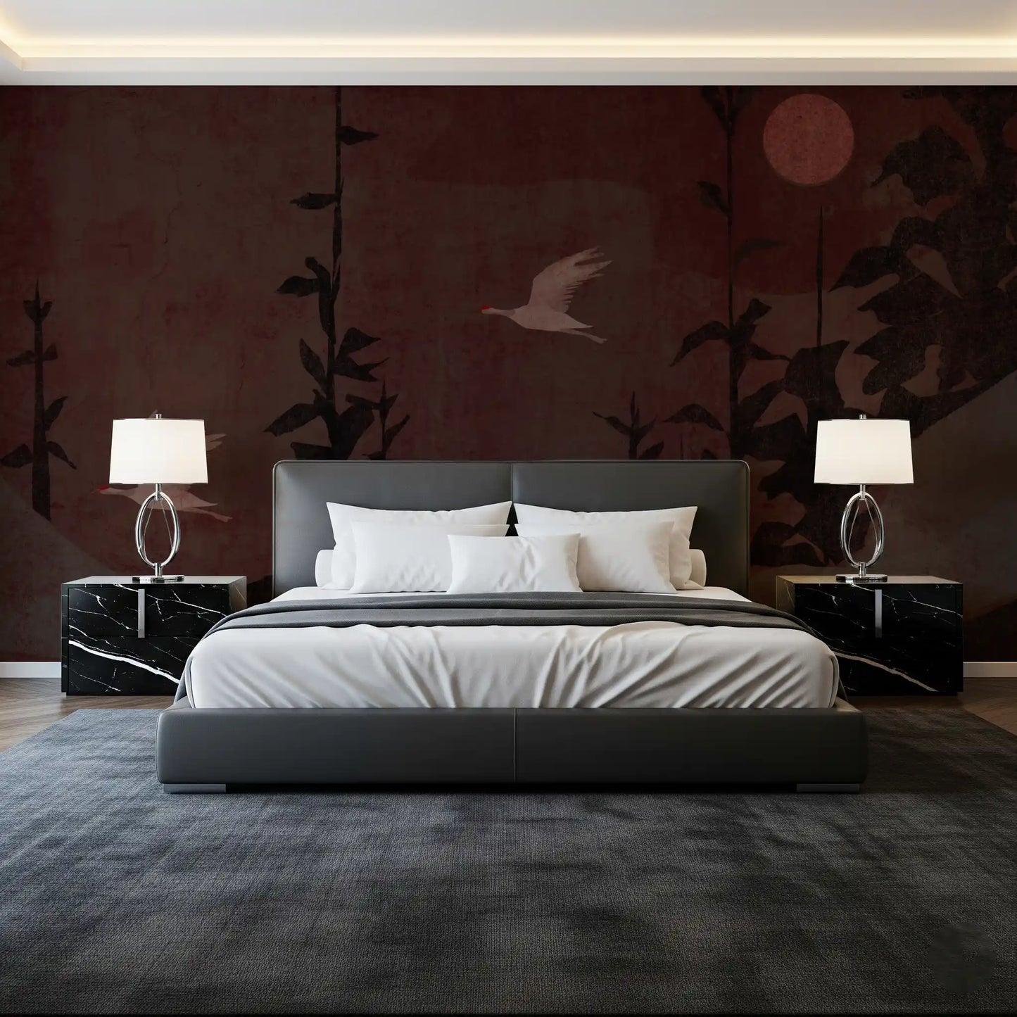 Chinoiserie Nightfall med svævende traner vægmaleri