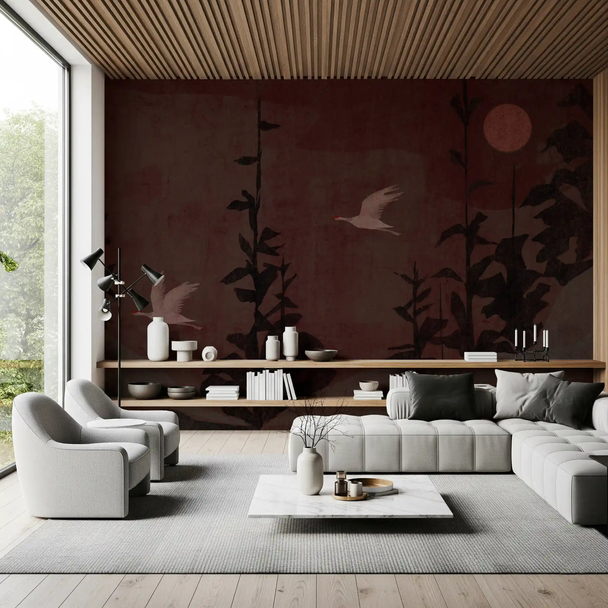 Chinoiserie cranes and moon wall mural set in a Living room GD10968
