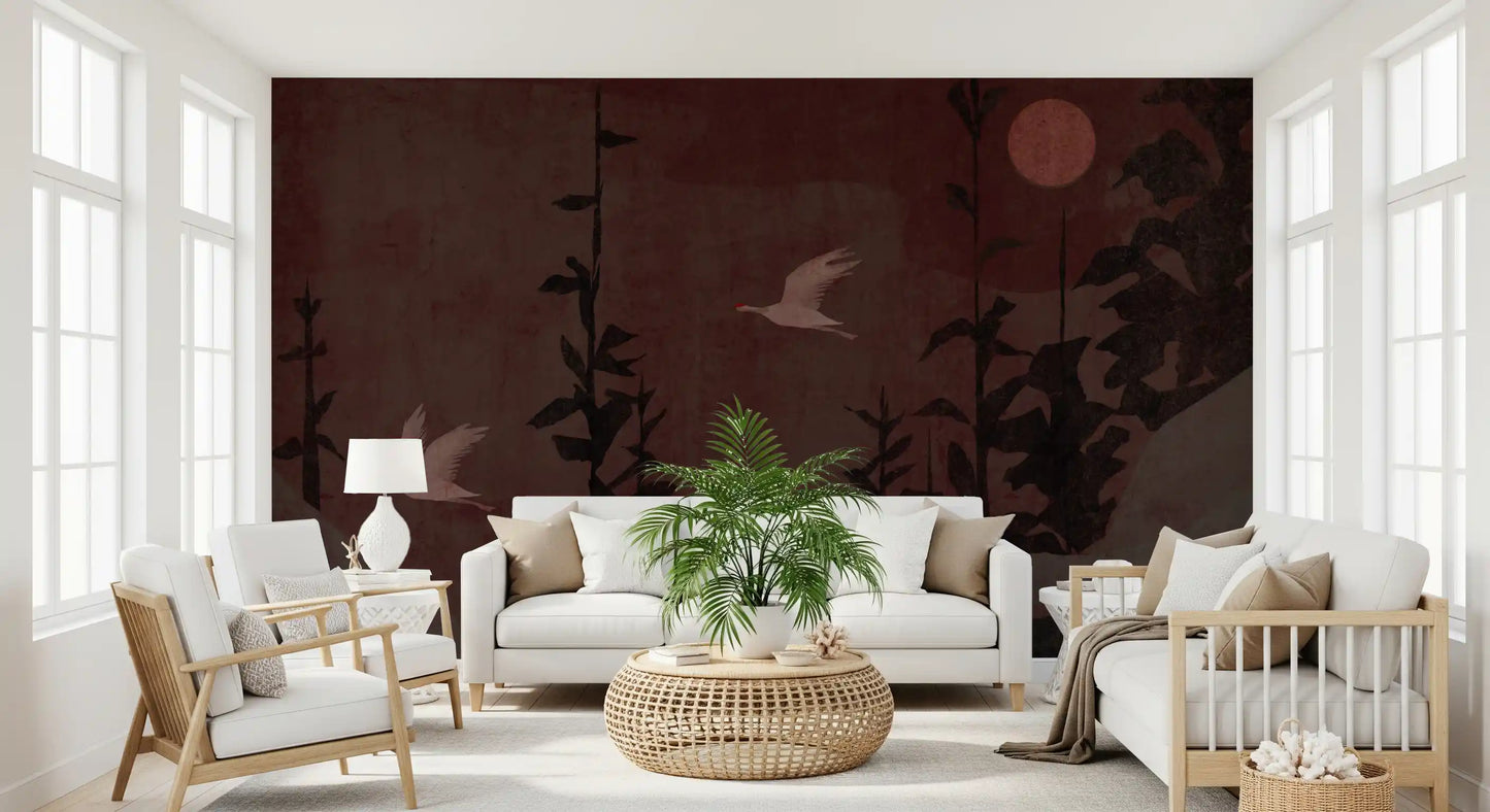 Chinoiserie Nightfall med svævende traner vægmaleri