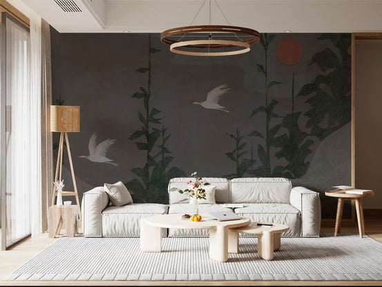Dusky green tones calm a living room, Red Crowned Cranes wall mural GD10969
