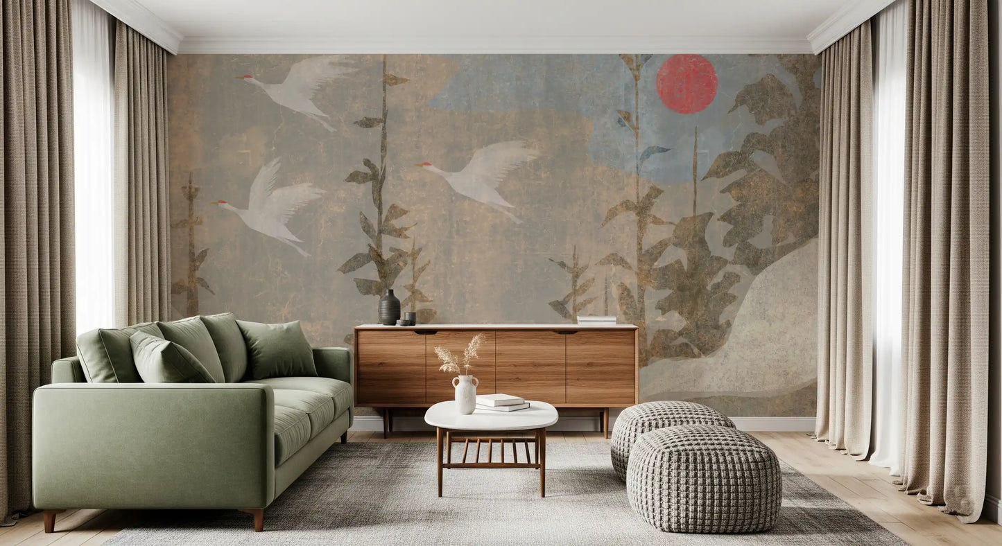 Wandbild mit fliegenden Kranichen und purpurner Sonne