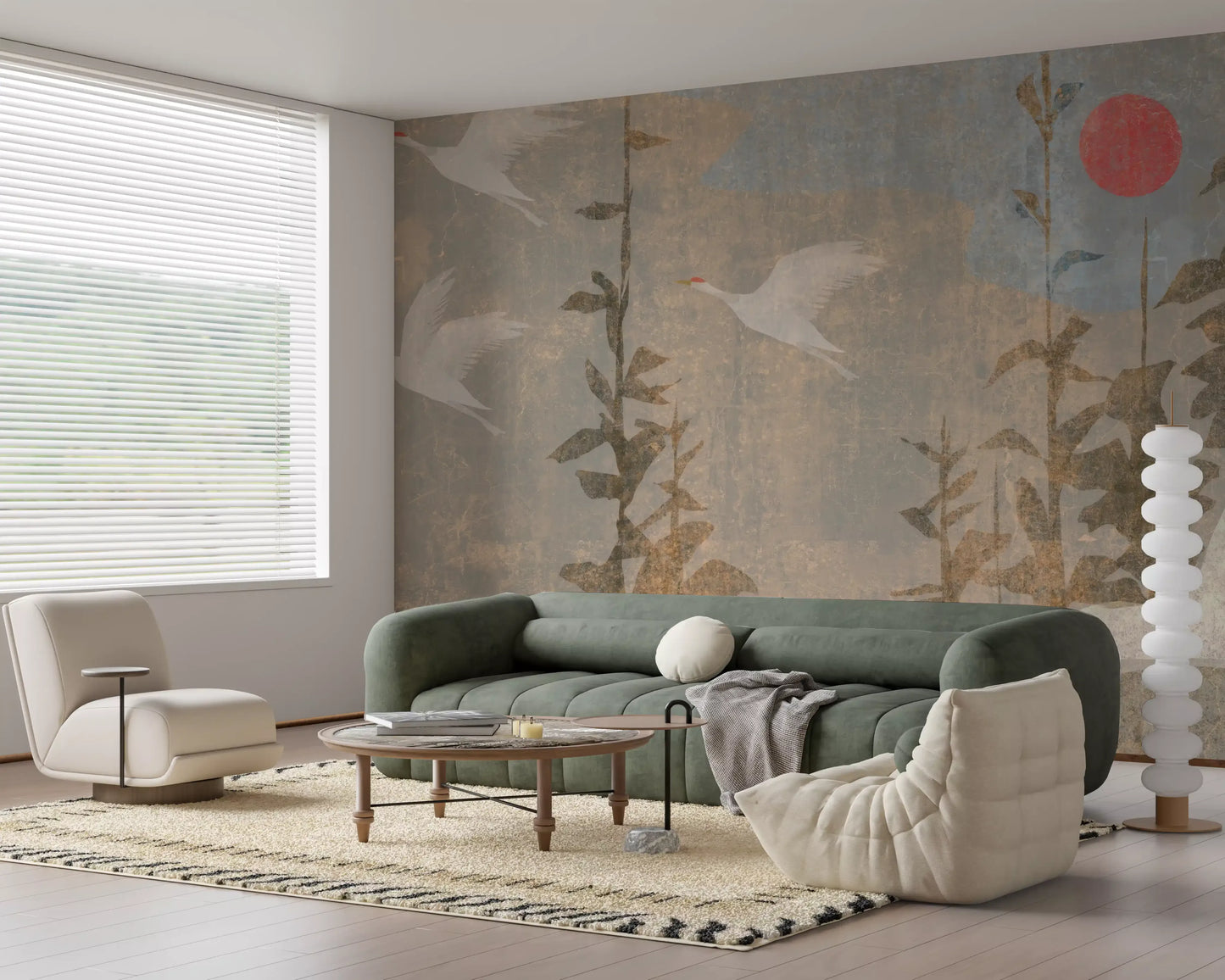 Wandbild mit fliegenden Kranichen und purpurner Sonne