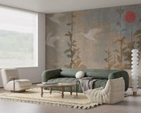 Wandbild mit fliegenden Kranichen und purpurner Sonne