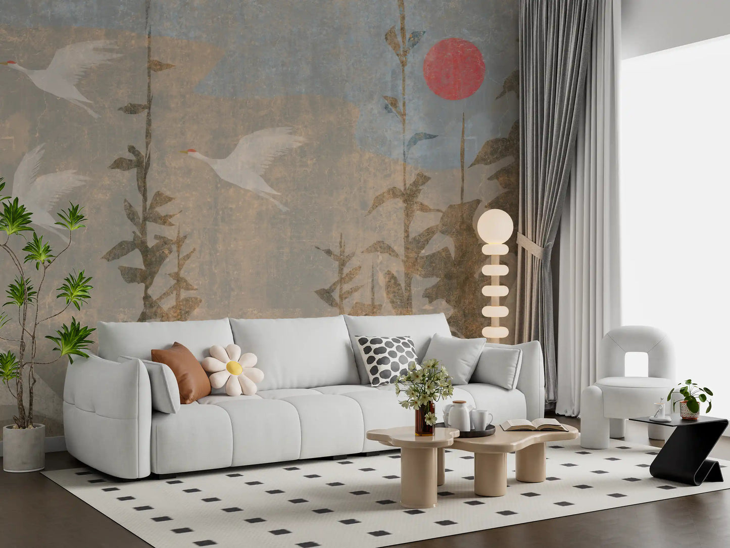 Wandbild mit fliegenden Kranichen und purpurner Sonne