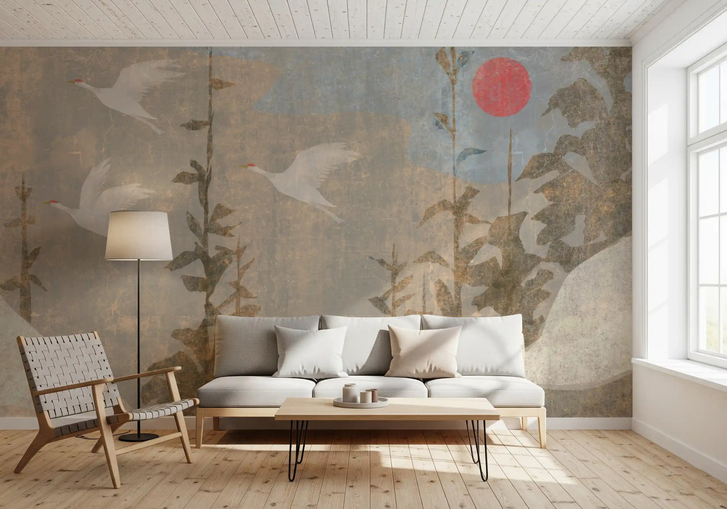 Wandbild mit fliegenden Kranichen und purpurner Sonne