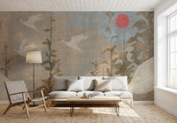 Wandbild mit fliegenden Kranichen und purpurner Sonne
