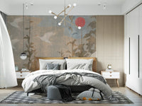 Wandbild mit fliegenden Kranichen und purpurner Sonne