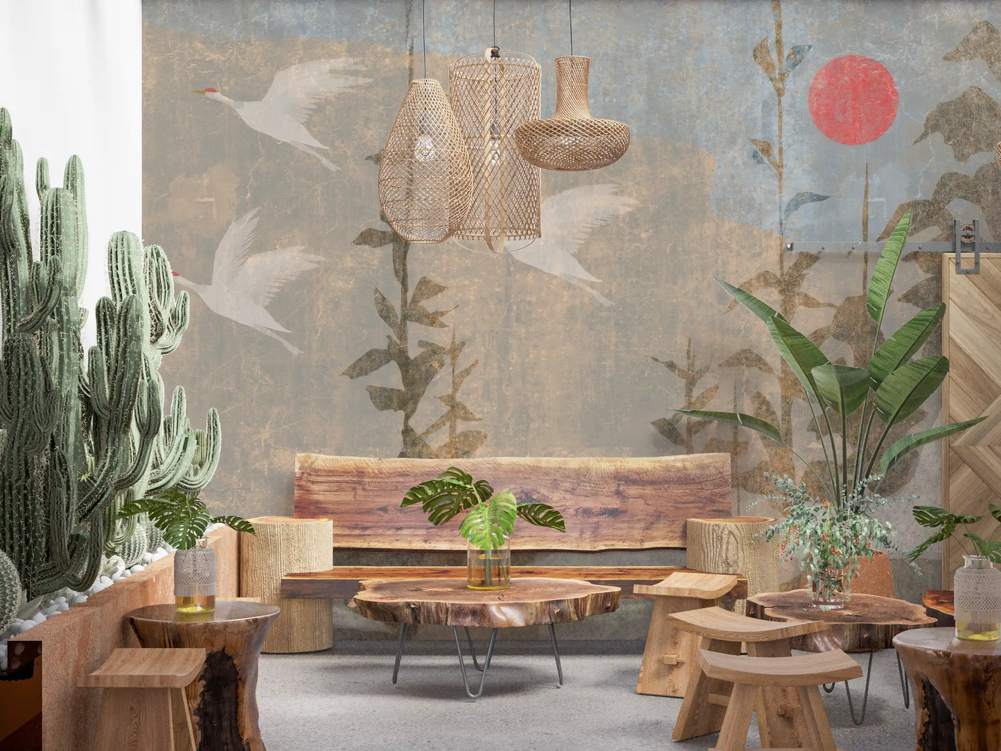 Wandbild mit fliegenden Kranichen und purpurner Sonne