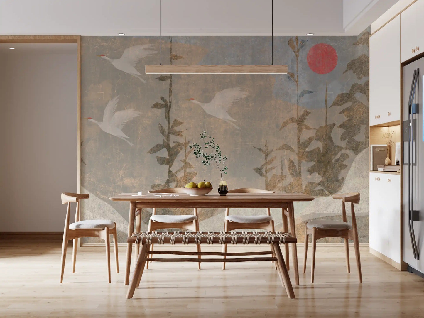 Wandbild mit fliegenden Kranichen und purpurner Sonne