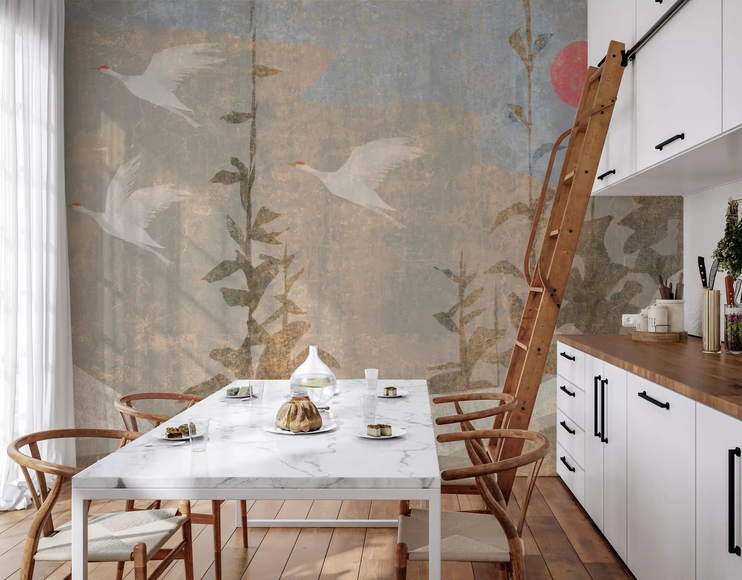 Wandbild mit fliegenden Kranichen und purpurner Sonne