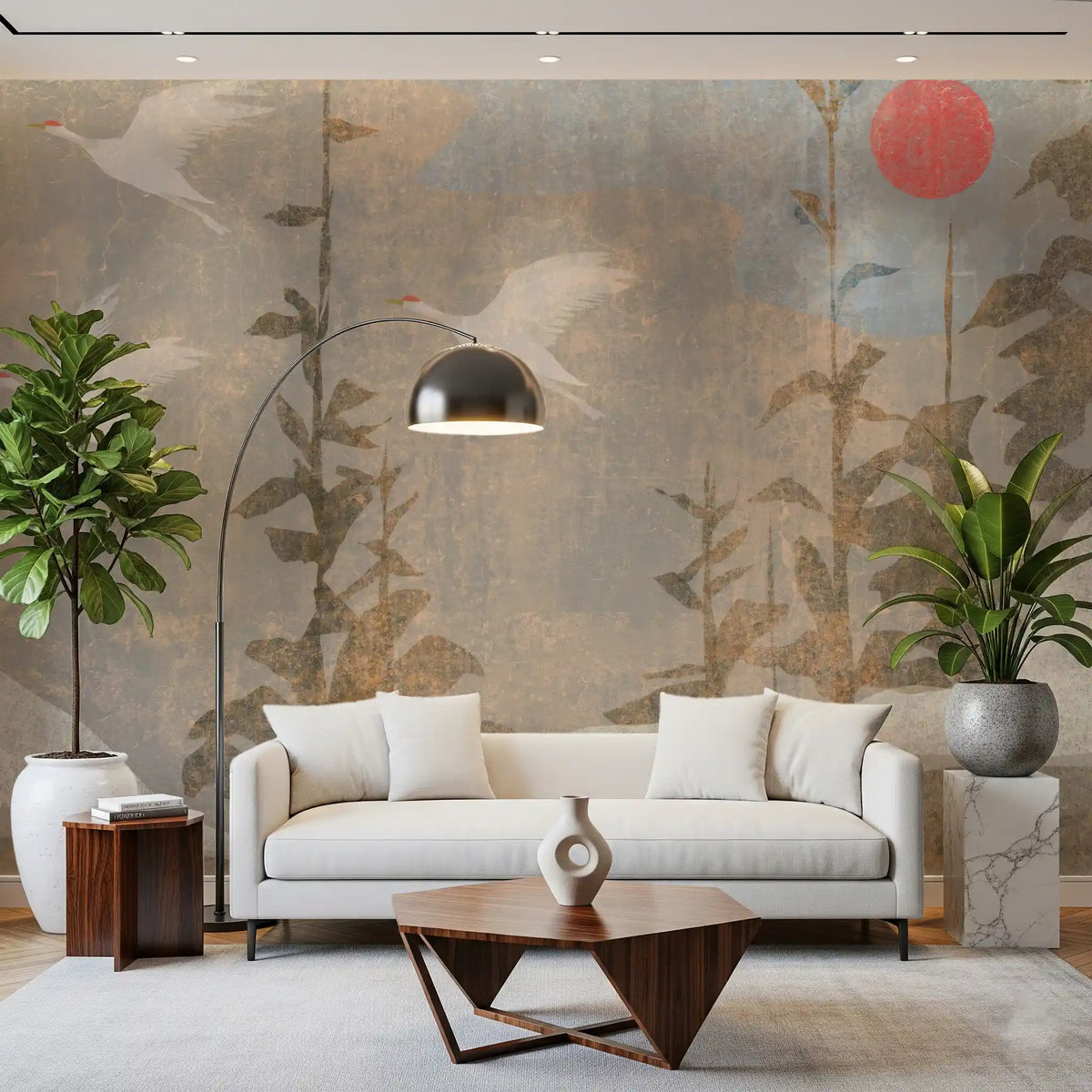 Living room styled with the flying cranes crimson sun wall mural GD10970
