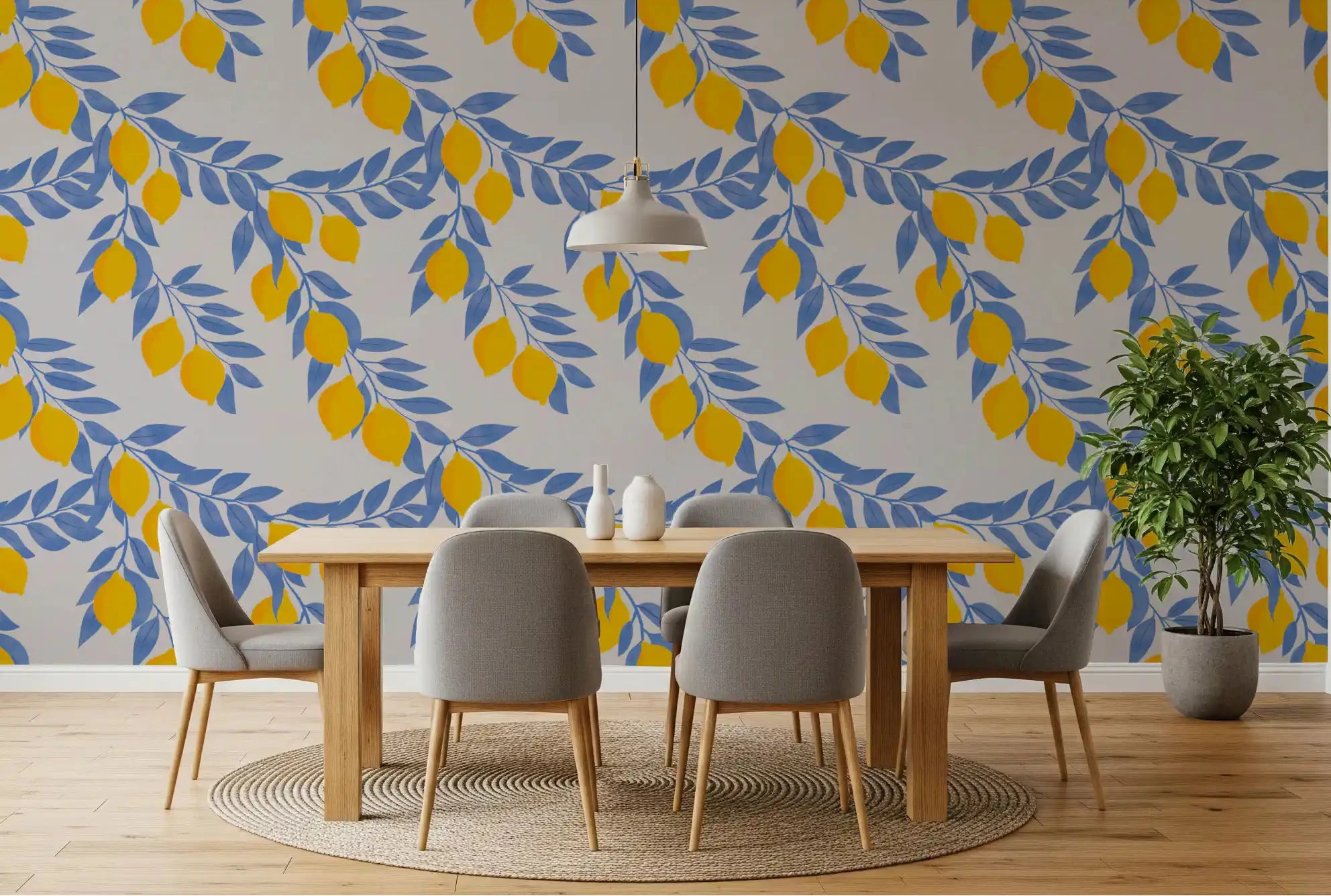 Lemon Branches Blue Leaves wallpaper warms a dining room GD10971
