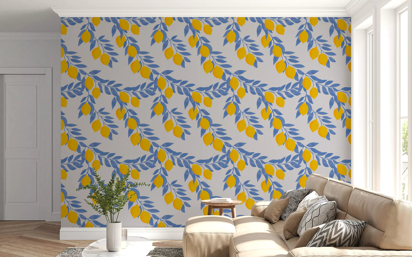 Lemon Branches Blue Leaves Wallpaper⁠