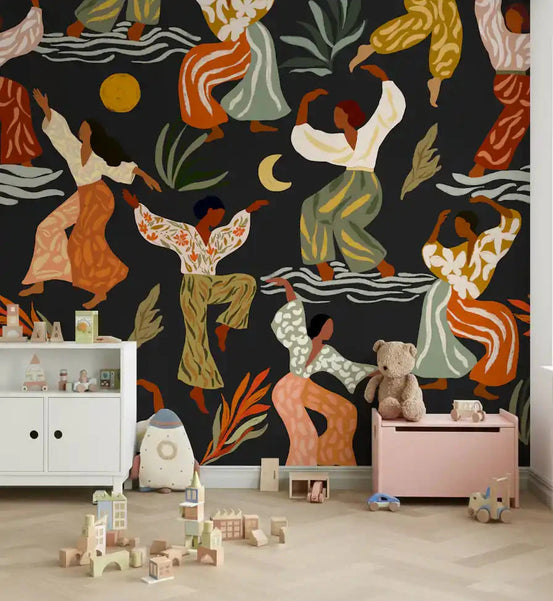 Earthy Boho Rhythms wall mural glows behind a relaxed Nursery area setup, GD10973
