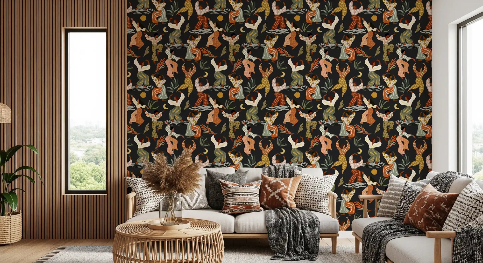 Bohemian Rhythms dancing-figure wallpaper warming a living room GD10975
