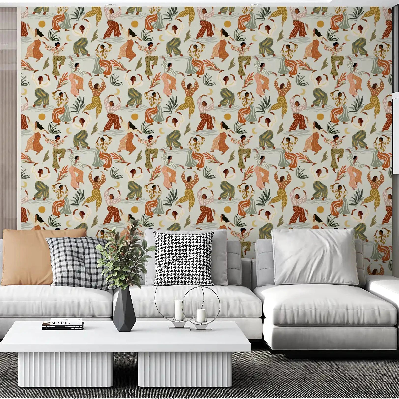 Living room glows under the Earthy Boho Rhythms wallpaper GD10976
