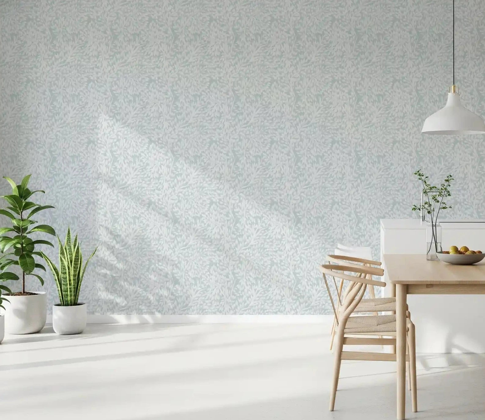 Pale Nordic Leafage wallpaper spreading leafy calm through a Dining room, GD10977
