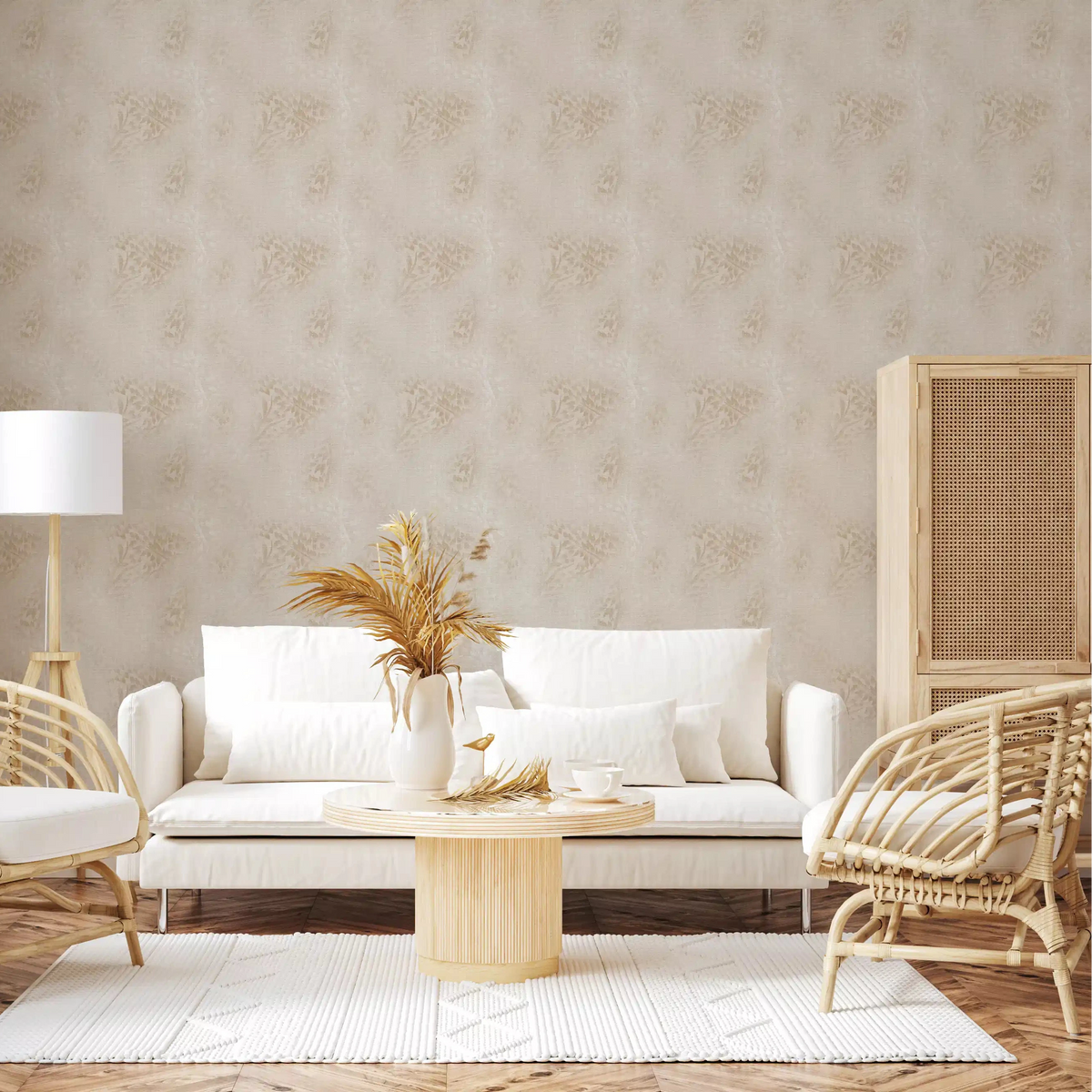 Zarte Leinen-Botanische Blätter Tapete in Beige