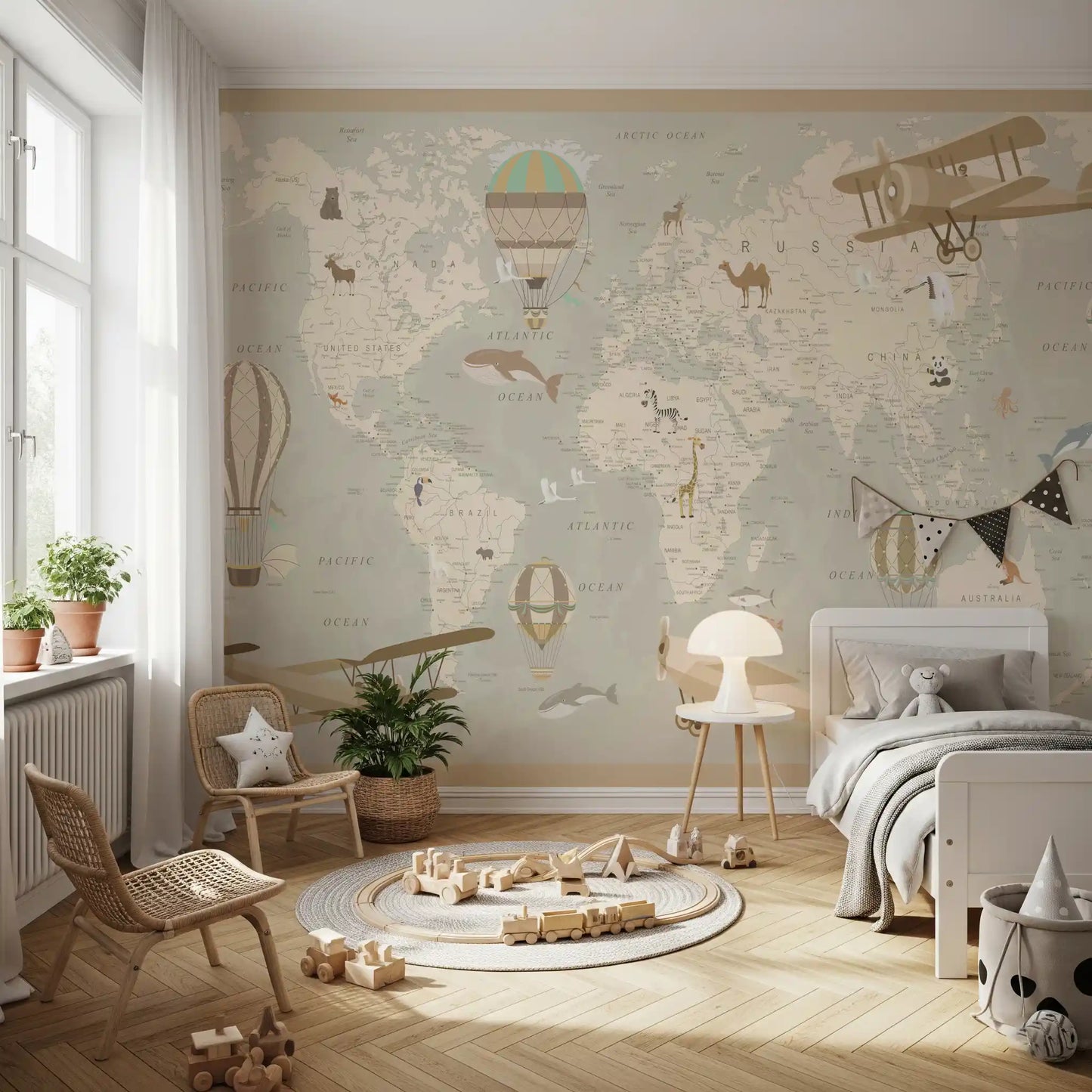 Antique Style Animal Cartography and Airships Wall Mural