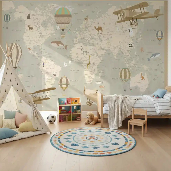 Kids' room takes flight with the Antique Animal Cartography wall mural GD10983
