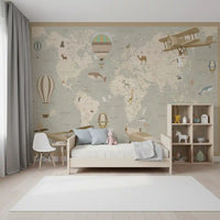 Antique Style Animal Cartography and Airships Wall Mural