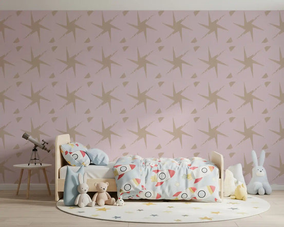 Retro Starburst wallpaper filling a kids' room with tan geometric stars, GD10989
