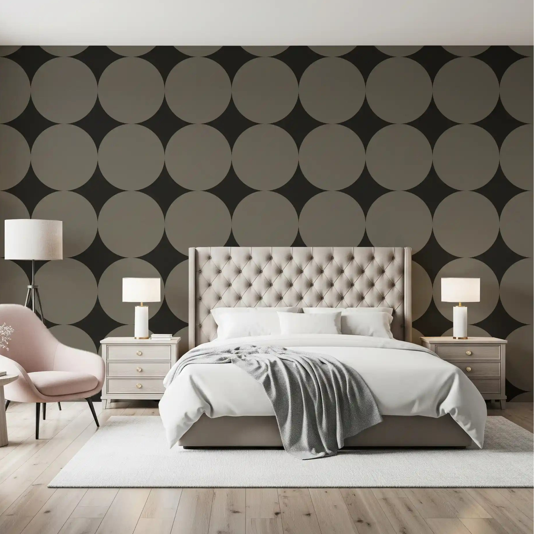 Bedroom feature area dressed in symmetric mid-century arcs and stars wallpaper, GD10996