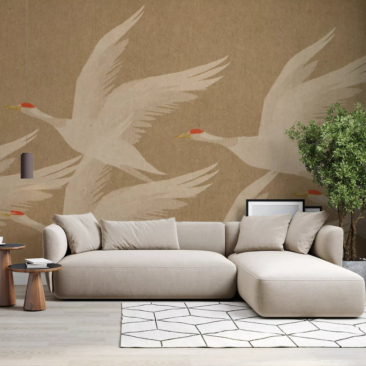 Ascending cranes wall mural warming a bright living room feature GD11003
