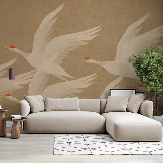 Ascending cranes wall mural warming a bright living room feature GD11003
