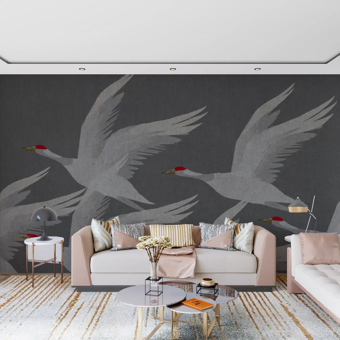 Wandbild Orientalischer Kranichflug in Schiefer und Gold