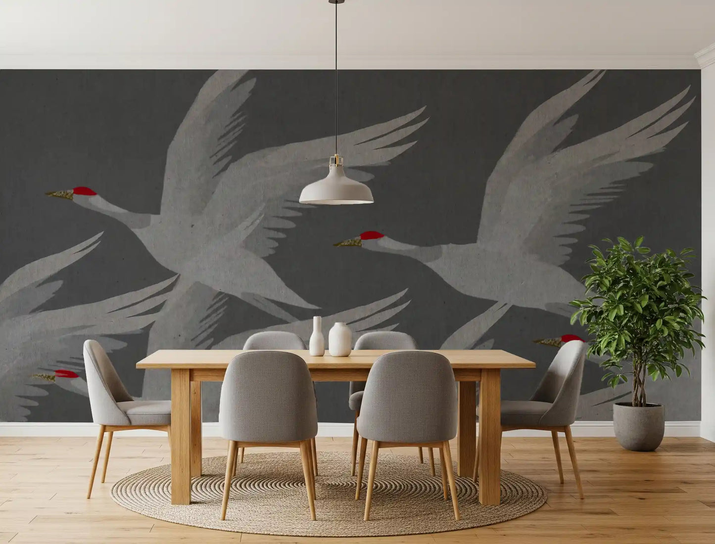 Wandbild Orientalischer Kranichflug in Schiefer und Gold