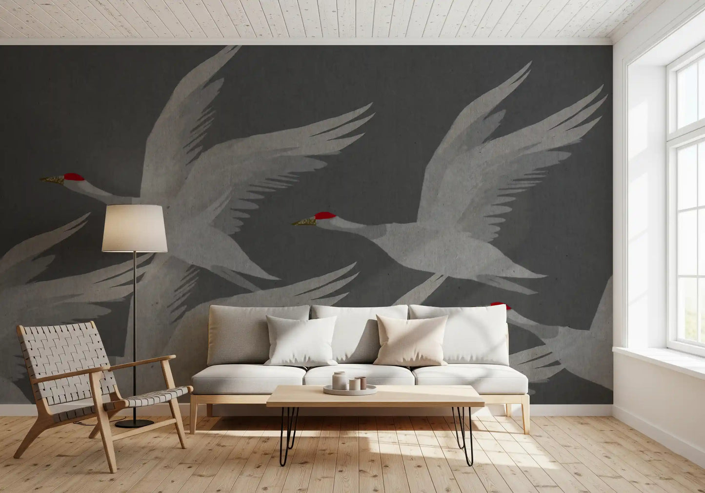 Wandbild Orientalischer Kranichflug in Schiefer und Gold