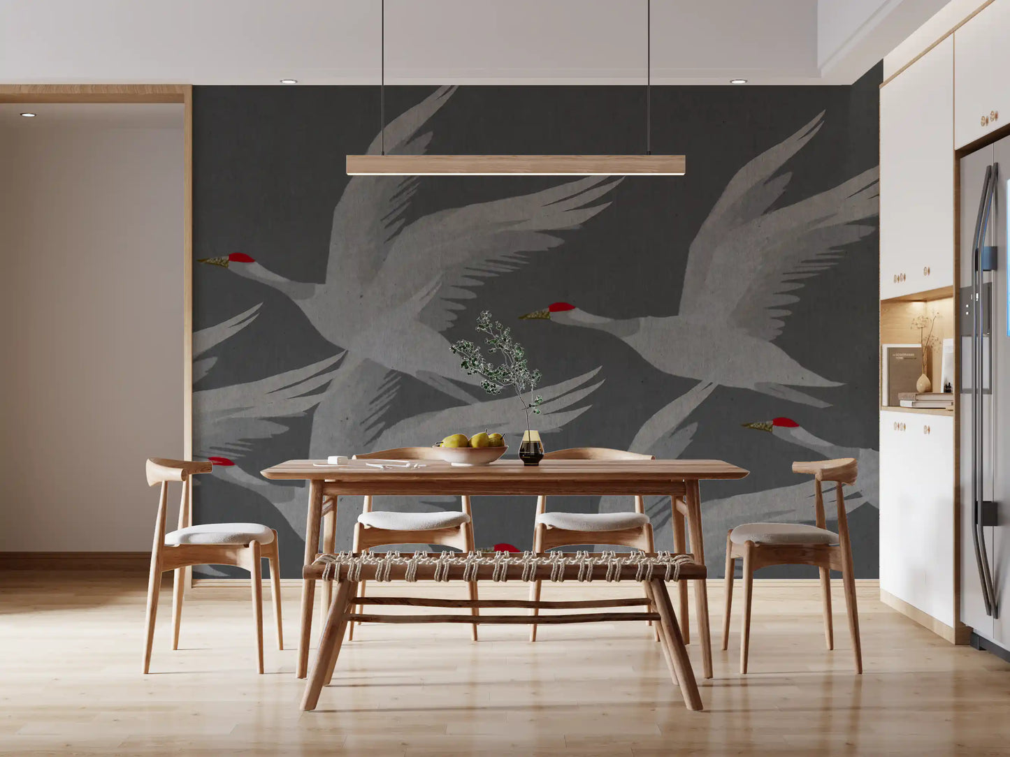 Wandbild Orientalischer Kranichflug in Schiefer und Gold