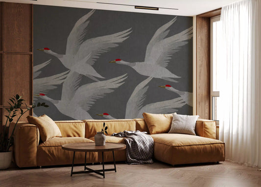 Wandbild Orientalischer Kranichflug in Schiefer und Gold