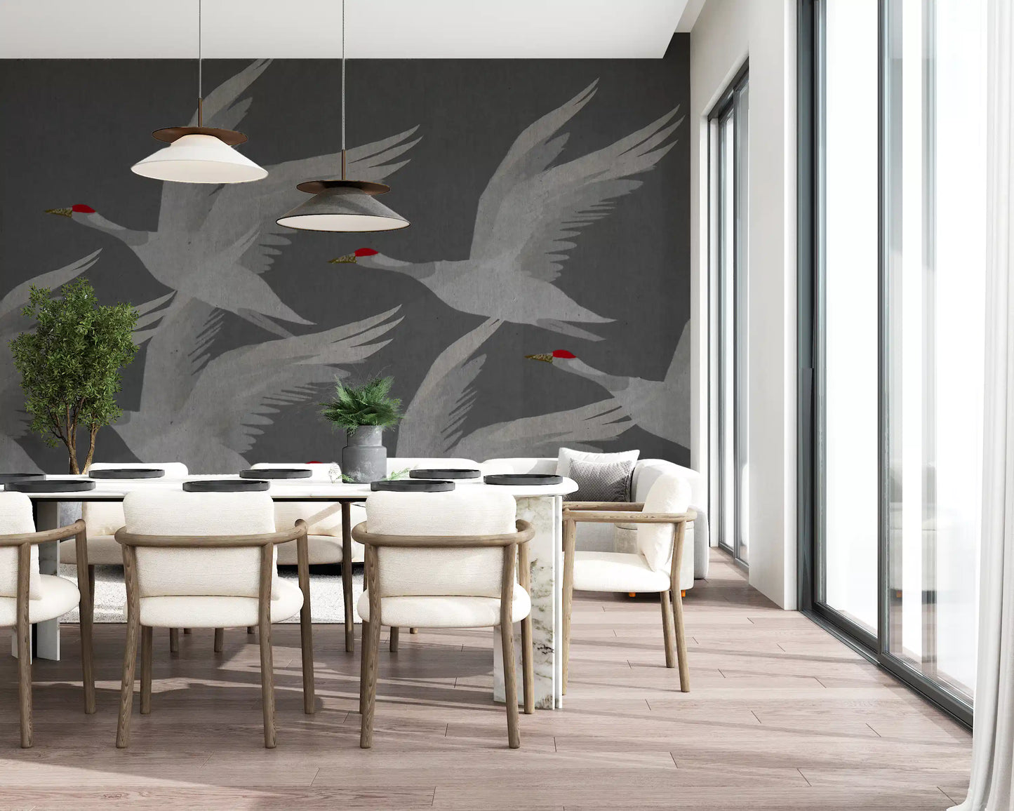 Wandbild Orientalischer Kranichflug in Schiefer und Gold