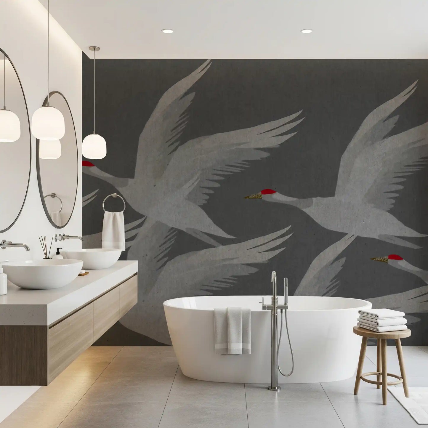 Wandbild Orientalischer Kranichflug in Schiefer und Gold