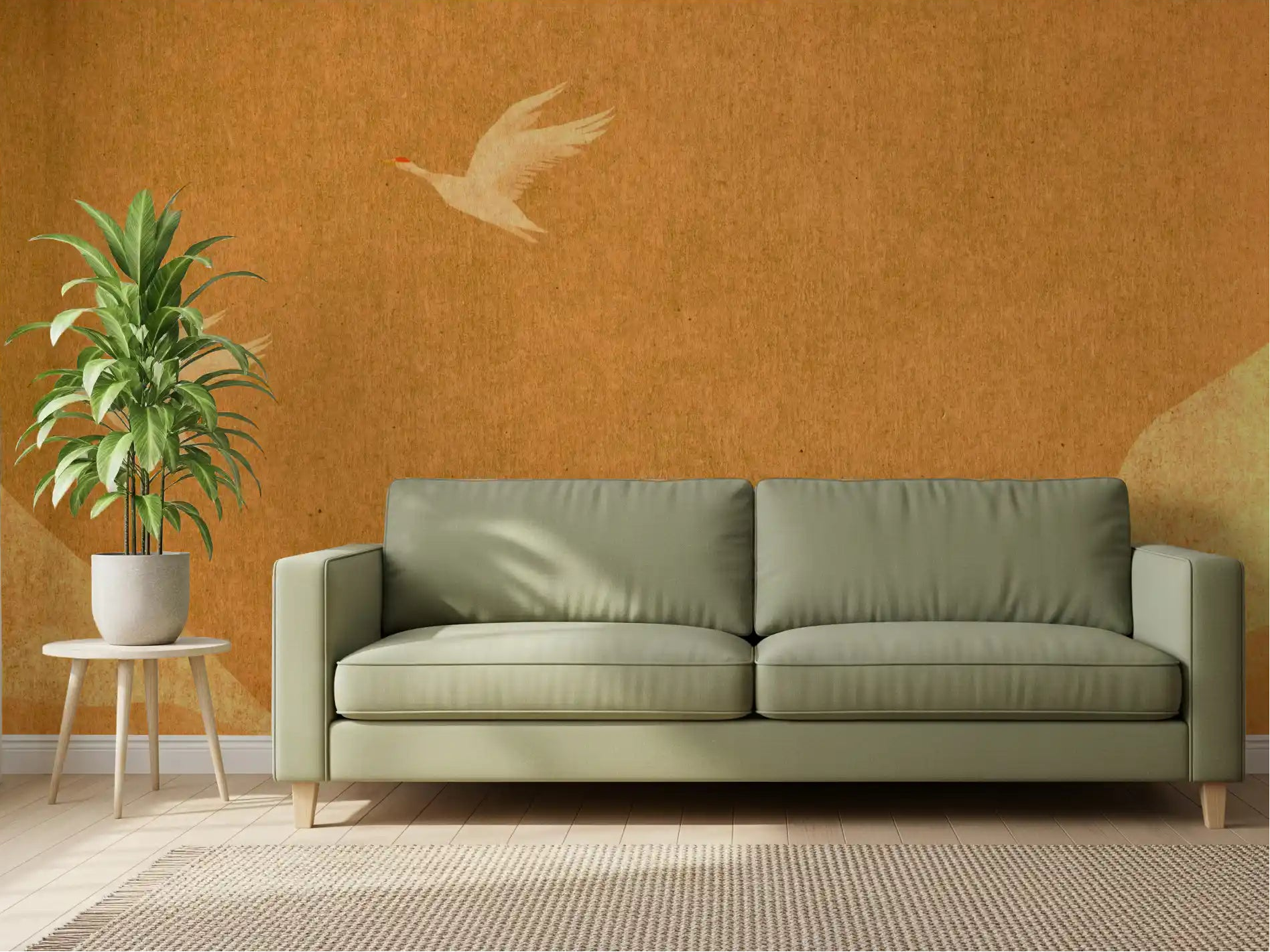 Golden cranes wall mural glowing across a warm living room backdrop, GD11006
