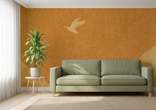 Wandbild Himmlische goldene Kraniche über friedlichen Hügeln