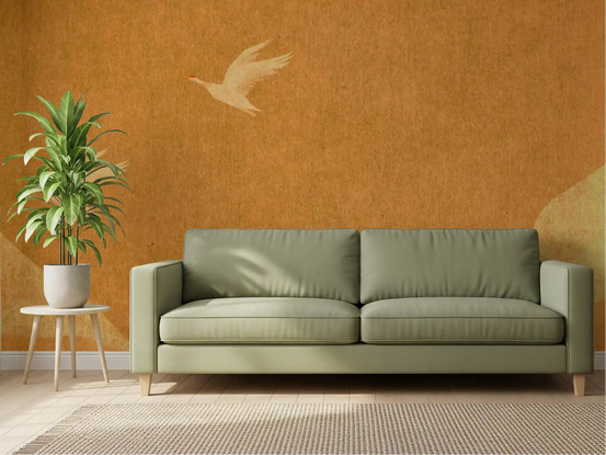 Golden cranes wall mural glowing across a warm living room backdrop, GD11006
