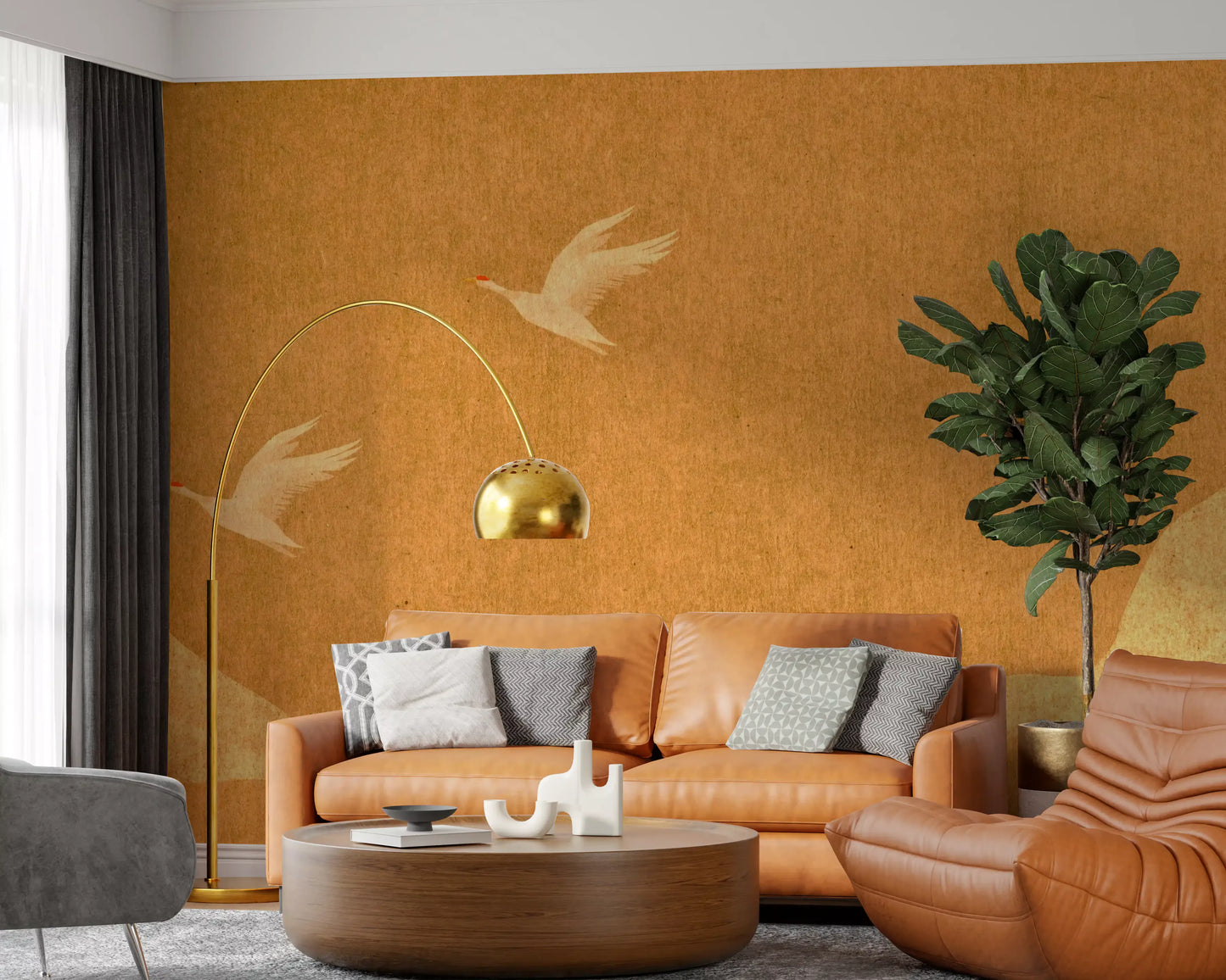 Wandbild Himmlische goldene Kraniche über friedlichen Hügeln