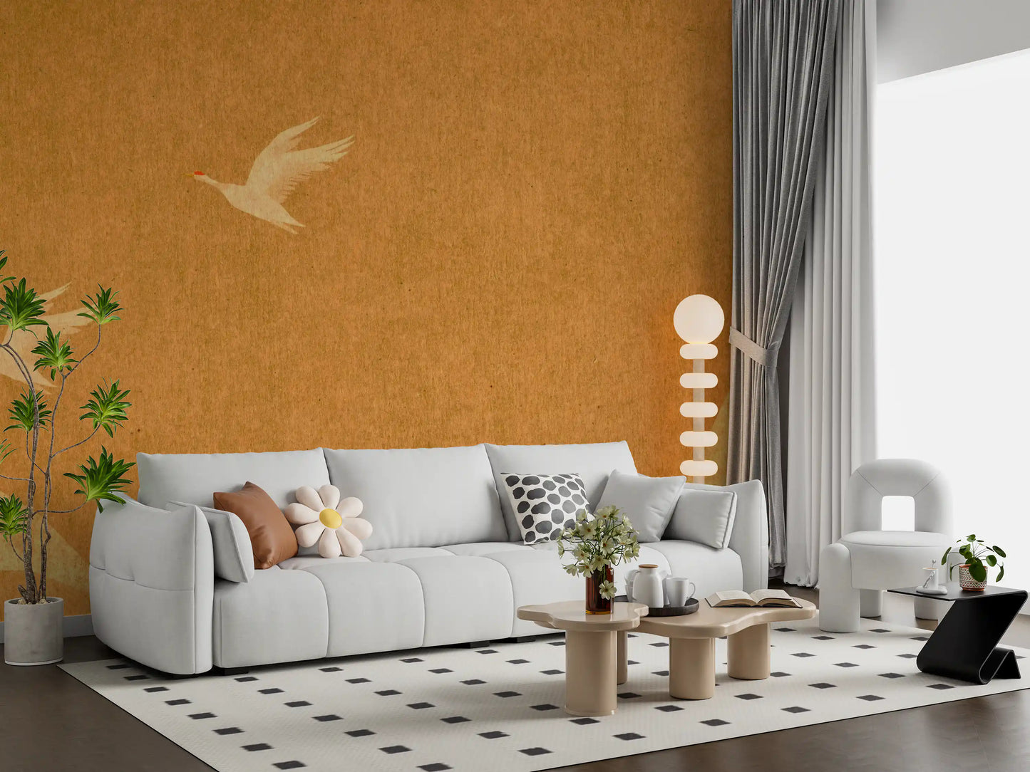 Wandbild Himmlische goldene Kraniche über friedlichen Hügeln