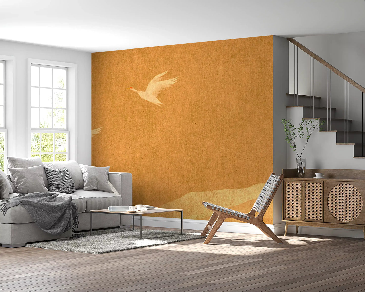 Wandbild Himmlische goldene Kraniche über friedlichen Hügeln
