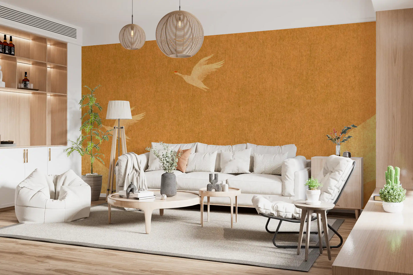 Wandbild Himmlische goldene Kraniche über friedlichen Hügeln