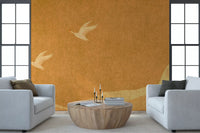 Wandbild Himmlische goldene Kraniche über friedlichen Hügeln