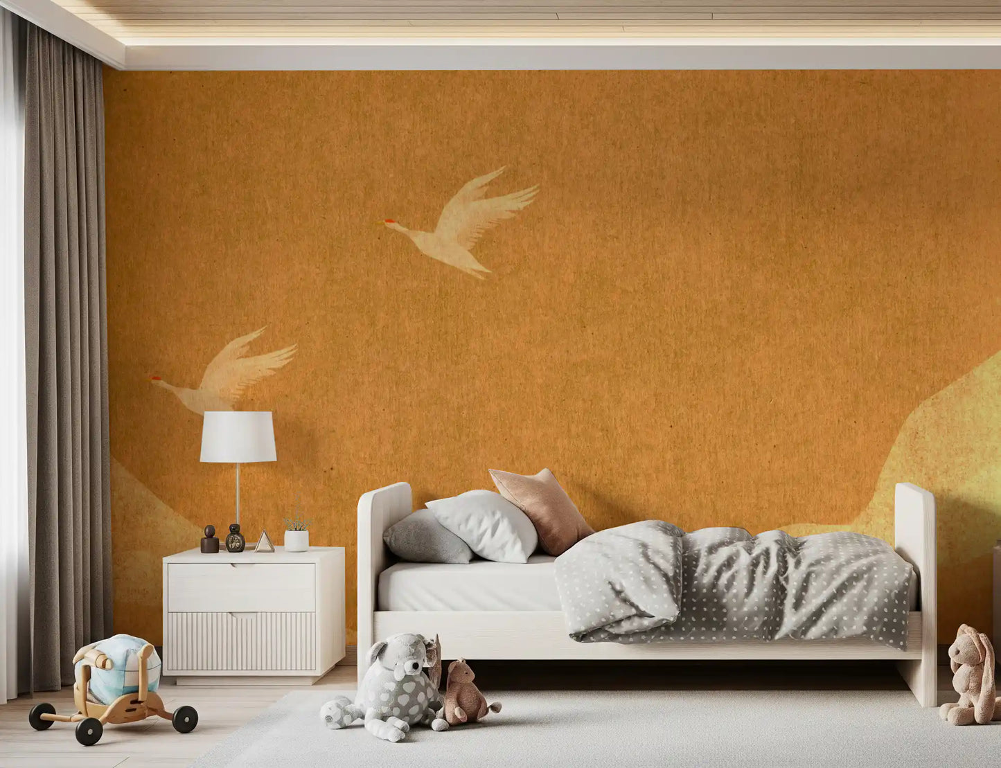 Wandbild Himmlische goldene Kraniche über friedlichen Hügeln