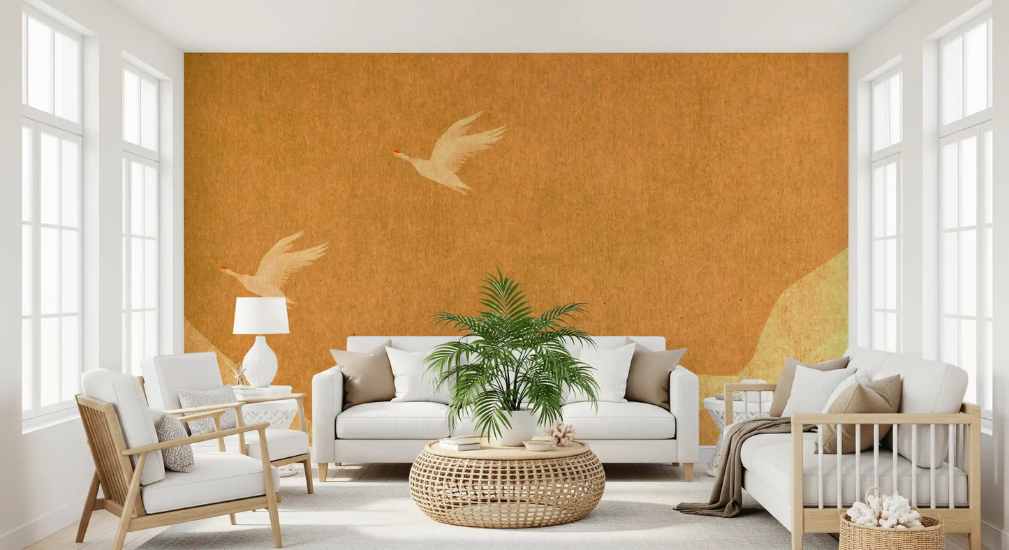 Wandbild Himmlische goldene Kraniche über friedlichen Hügeln